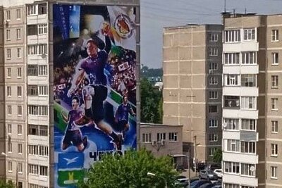    Спортивный баннер «Столица гандбола» на фасаде многоквартирного дома № 22 по улице Дружбы © Пресс-служба Министерства физической культуры и спорта Московской области