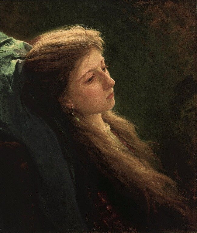 Крамской И.Н., «Девушка с распущенной косой», 1873, холст, масло, 57,2 × 48,9 см, Государственная  Третьяковская Галерея, Москва