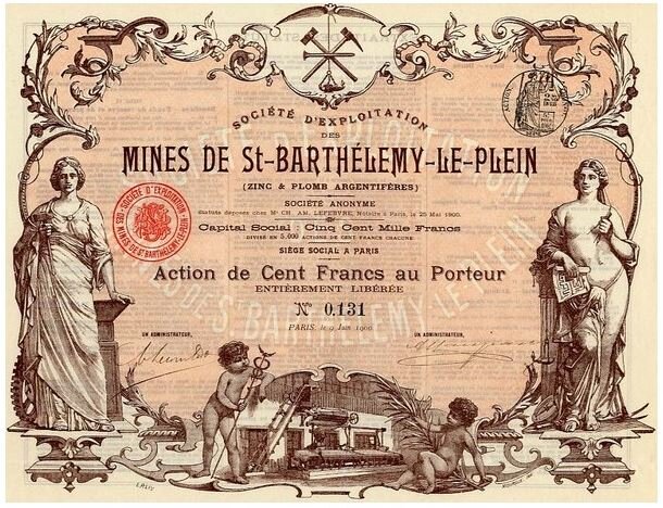 Шахты Сен-Бартелеми-ле-Плен (цинк и свинец) Париж 1900 г. Как видим - и в скрипофилии встречаются повторяющиеся сюжеты.  Только на этот раз вверху перекрещенный горняцкий инструмент. 