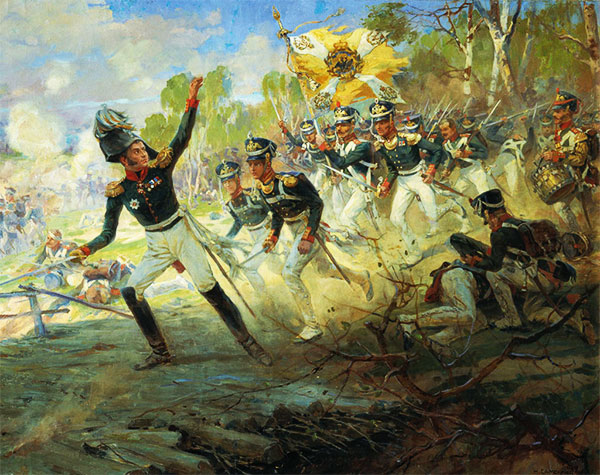 Н. Самокиш. Подвиг солдат генерала Н.Н. Раевского под Салтановкой 11 июля 1812 года (позади генерала Раевского изображены его сыновья)