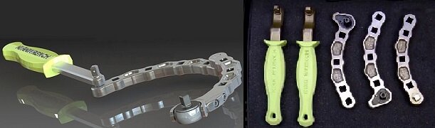 Конструкция состоит из 4 элементов: рукоятки, двух изогнутых дуг (неподвижной и изгибающейся) и насадки с храповым механизмом