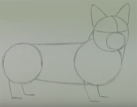 Вначале нужно наметить скелет нашего рисунка. Он будет состоять из трёх основных кругов и вспомогательных линий. В верхнем кругу намечаем линию глаз, делящую его на секторы, вписываем круг морды и уши.
