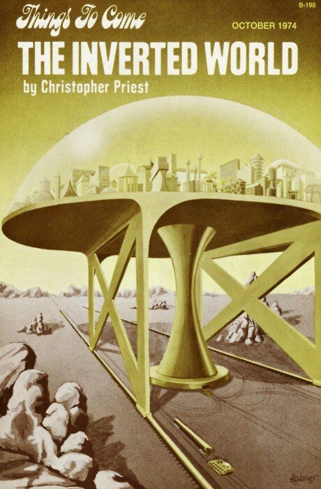 Одна запрещенная книга: «Опрокинутый мир»Автор: К. ПристДата написания: 1974Главный герой вышел из возраста ученичества. И ему предстоит первый в его жизни выход за пределы Города, странного громоздкого сооружения, передвигающегося на колесах. Рельсы собирает впереди и снимает сзади специальная Гильдия. Наш герой — из другой гильдии — Разведчиков Будущего. Ему предстоит разведывать путь для города, но для «крещения» он должен сходить в «прошлое», в те места, где город только что прошел. И тогда выясняется, что «прошлое» и «будущее» — не просто направления, это действительно Прошлое и Будущее по отношению к тому времени, где находится город. И при движении в прошлое начинают происходить очень странные и страшные вещи, и большого труда стоит нашему герою вернуться в привычный город под родным гиперболическим солнцем...