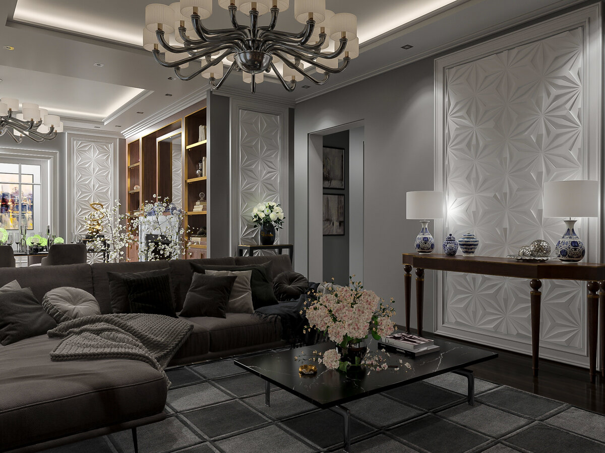 Гостиная с применением стеновых 3D панелей из пенополиуретана "Fantasy" от бренда Relieffo