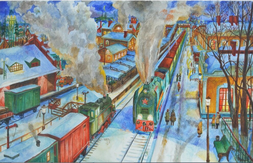 Котельников. Зимний вечер. Пассажирский паровоз П36 (генерал) и маневренный танк паровоз 9П.