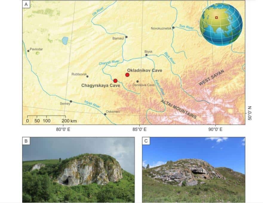    A: расположение пещер; B: Чагырская пещера; C: Пещера Окладникова / ©Laurits Skov et al.