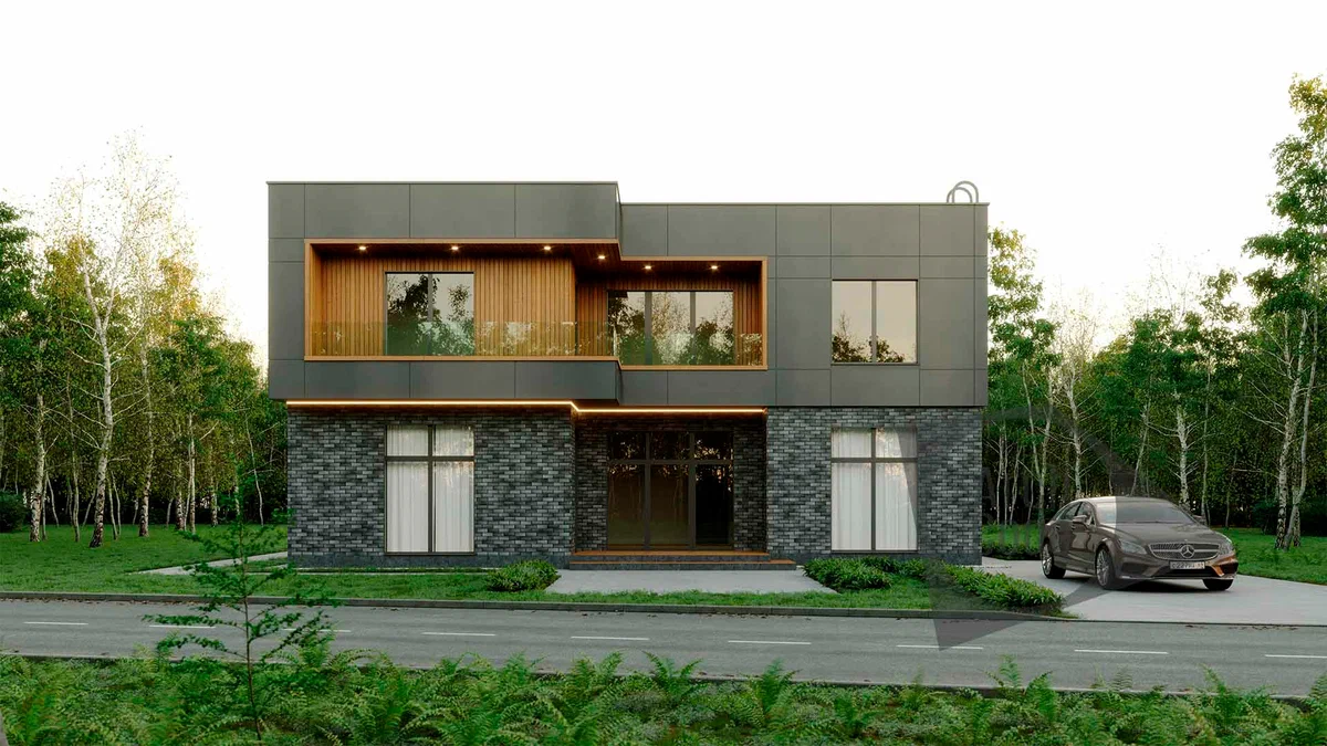Главный фасад дома. Источник изображения: Дзен-канал "ArchCode | Проектирование домов"