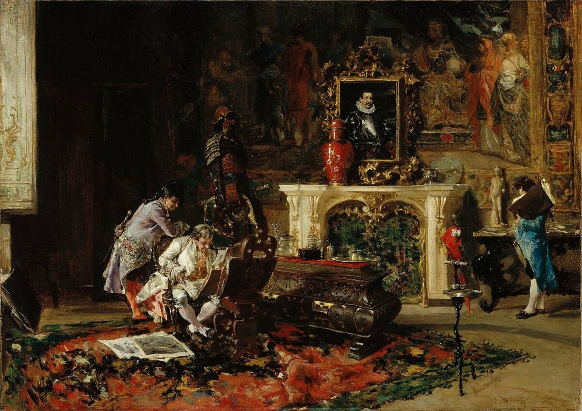 Мариано Фортуни, "Любители гравюр", 1866, масло, два варианта композиции. А третий находится в Москве, в ГМИИ им. Пушкина 