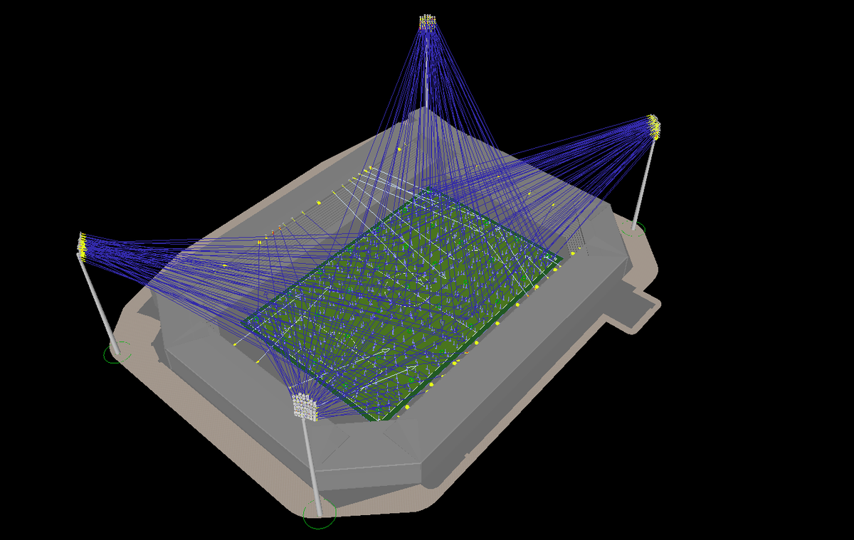 Расстановка и нацеливание прожекторов на футбольном поле (1200 Лк)