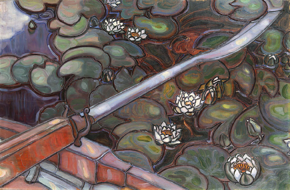 Мария Якунчикова. Весло с кувшинками. 1896. Панно. Дерево, масло, выжигание. Источник изображения Яндекс Картинки