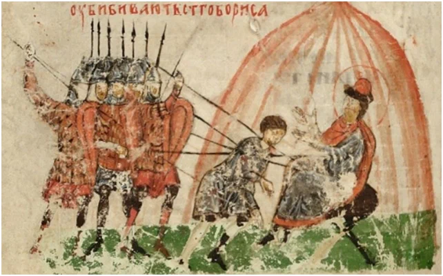 Убивают святаго Бориса (из рукописного Жития святых Бориса и Глеба XIV века, Сильвестровский сборник)