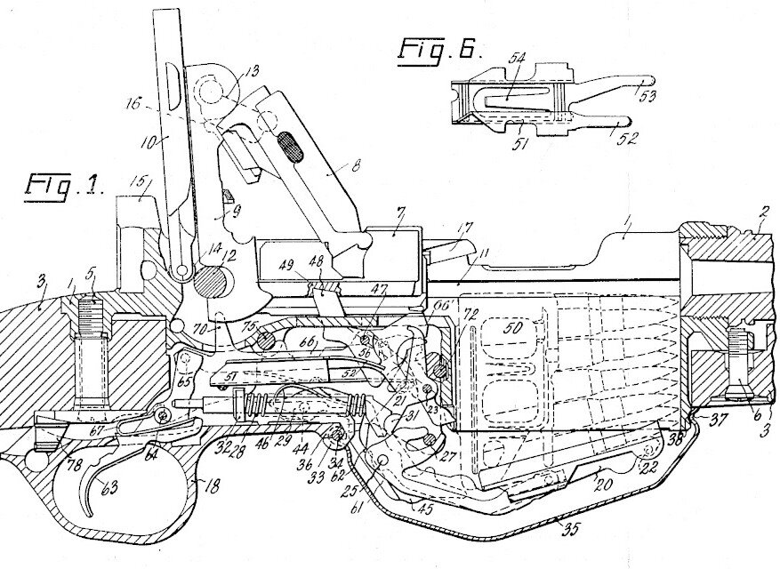 Конструкция самозарядной винтовки Педерсена. Рисунок из патента.