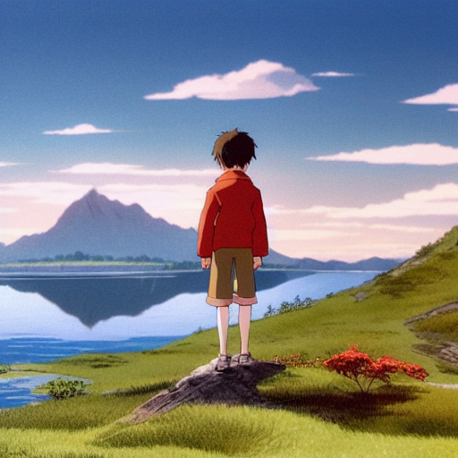 a 14-year-old boy near a lake and mountains, by Hayao Miyazaki
