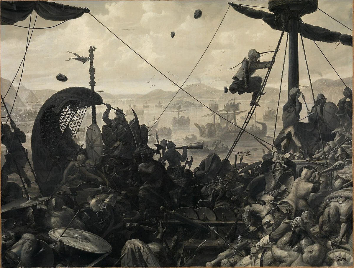 Хансен Баллинг. «Харальд Прекрасноволосый в битве при Хафрс-фьорде» (1870)