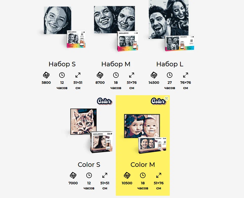 На сайте вы можете выбрать несколько размеров как для чёрно-белой, так и для цветной картины.