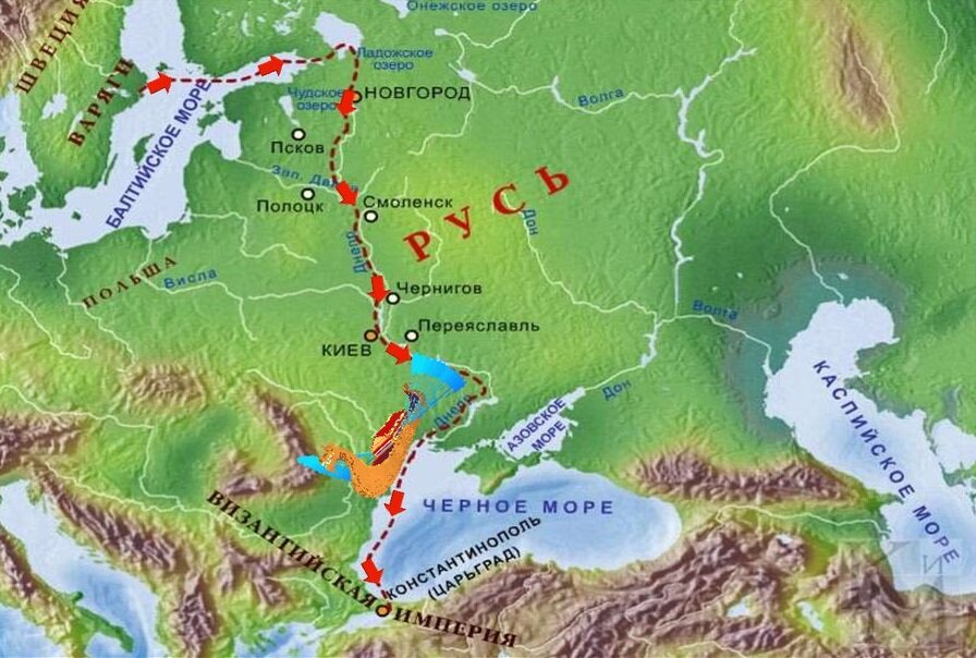 Второе название черного моря в древней руси. Путь из Варяг в греки на карте древней Руси. Торговый путь из Варяг в греки.