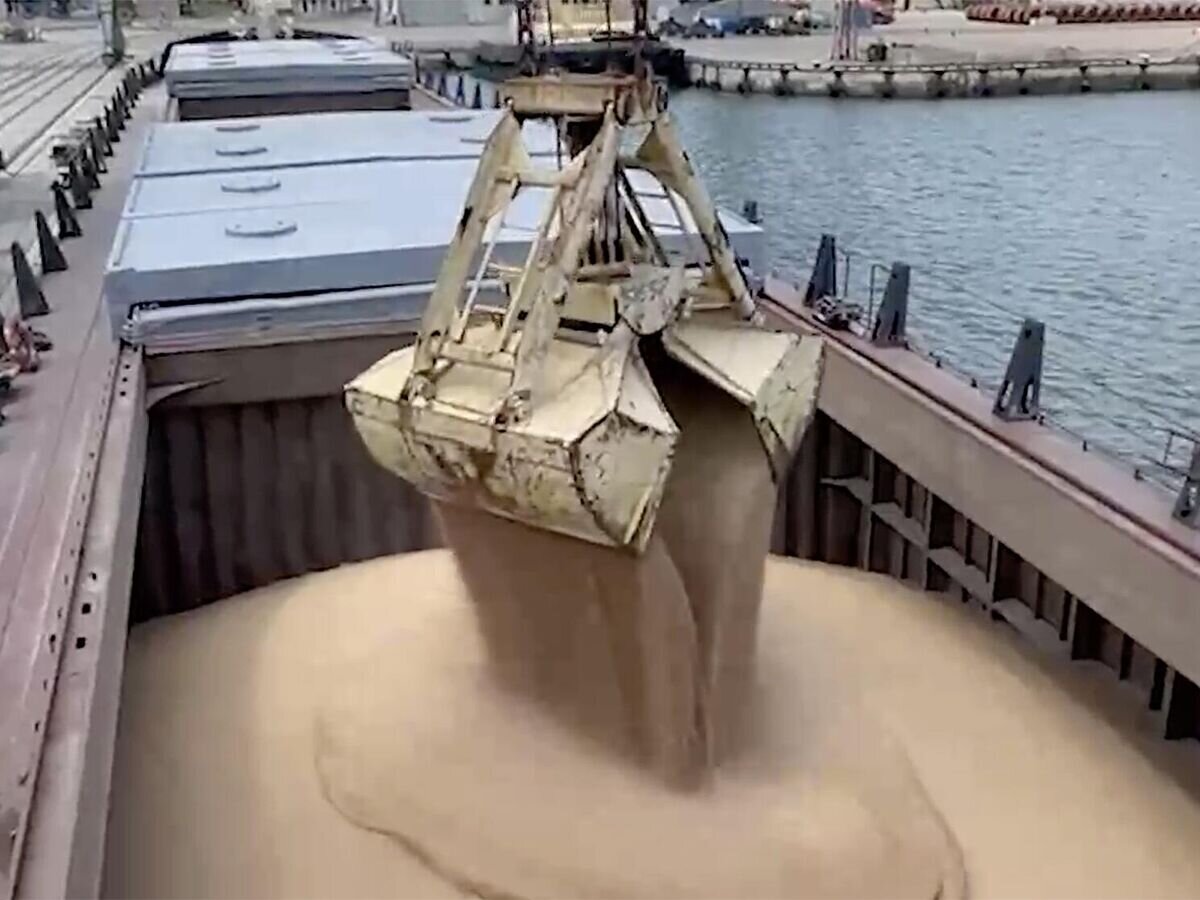    Загрузка первого судна с зерном из Донецкой Народной Республики в порту Мариуполя. Кадр видео© Официальный Telegram-канал врио Главы Донецкой Народной Республики Дениса Пушилина