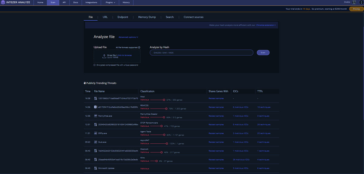 Многие знают, что ратники,майнеры, находятся обычно всегда в "активности", но на их сокрытие могут использоваться несколько средств, таких как: закрытие билда при включении пользователем различных утилит, как диспетчер задач, процессхакер и тому подобные, следовательно, их обнаружение значительно усложняется, есть еще более хитрые процессы, они инжектят себя в другой совершенно процесс: хром, свцхост и так далее, что делает их почти что нереальными для обнаружения.

Немного поговорим об intezer:
Intezer - это сайт, предоставляющих свои технологии для обнаружения различных угроз как ваших одиночных файлов, так и сканирования всей цепочки файлов в вашей оперативе, посредством создания дампа и дальнейшего его анализа. Сайт использует свои облачные технологии и методы (а не привычный нищий скантайм, который уже обходит любой крипт чуть ли не за 5 долларов), что усложняет жизнь вашему вирусу, который достаточно хорошо скрыт.
Вид главной страницы сайта:
​