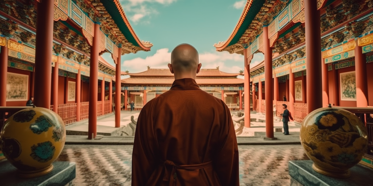 Монах смотрит на двор монастыря