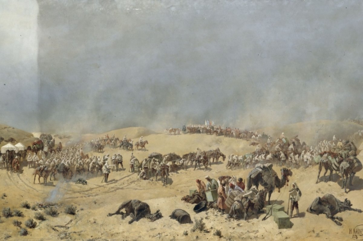    Хивинский поход 1873 г. Через мёртвые пески к Колодцам Адам-Крылган. Картина работы Н. Н. Каразина. 1888 г.