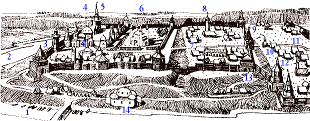 Казанский Кремль в первой половине XVI в. Реконструкция по материалам Н. Ф. Калинина.