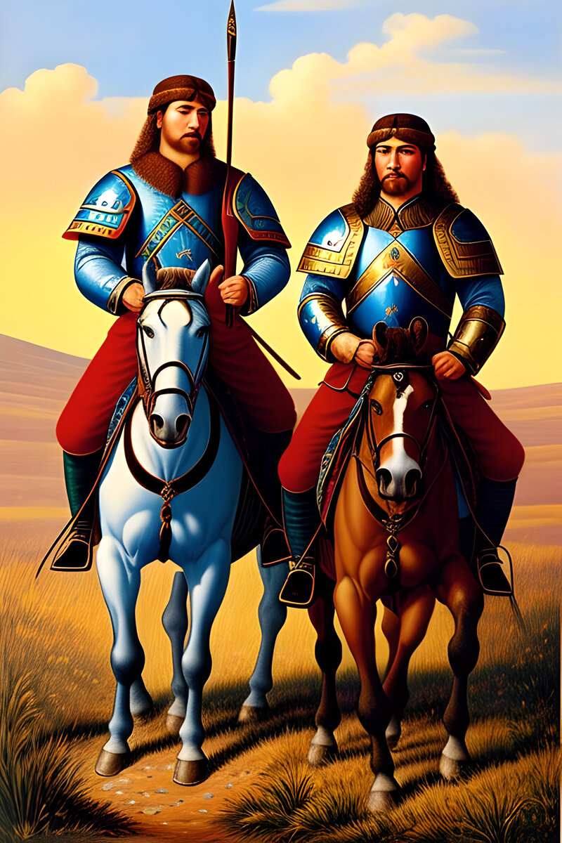 Саур и его сын. Иллюстрация создана нейросетью, поэтому кони такие странные. 