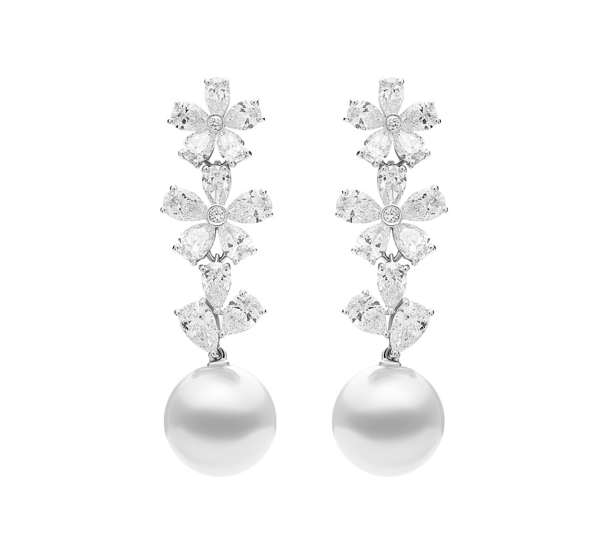 Серьги Mercury Flower из белого золота с бриллиантами и жемчугом