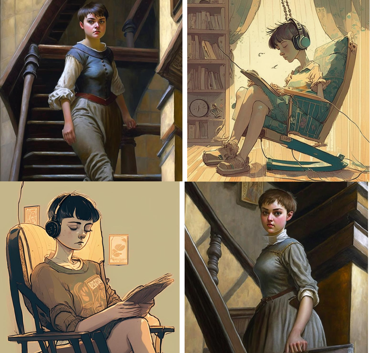 Девушка грустит, слушает музыку. Рисунки нейросети.