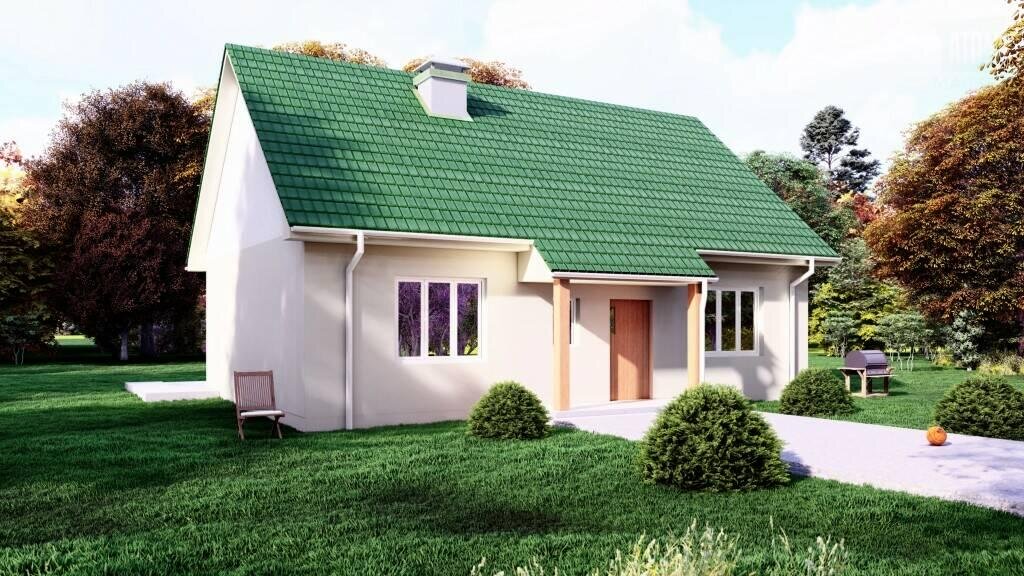 Домокомплект из газобетонных блоков. Фасад оформлен при помощи штукатурки. При желании хозяева всегда могут перекрасить свой дом. 