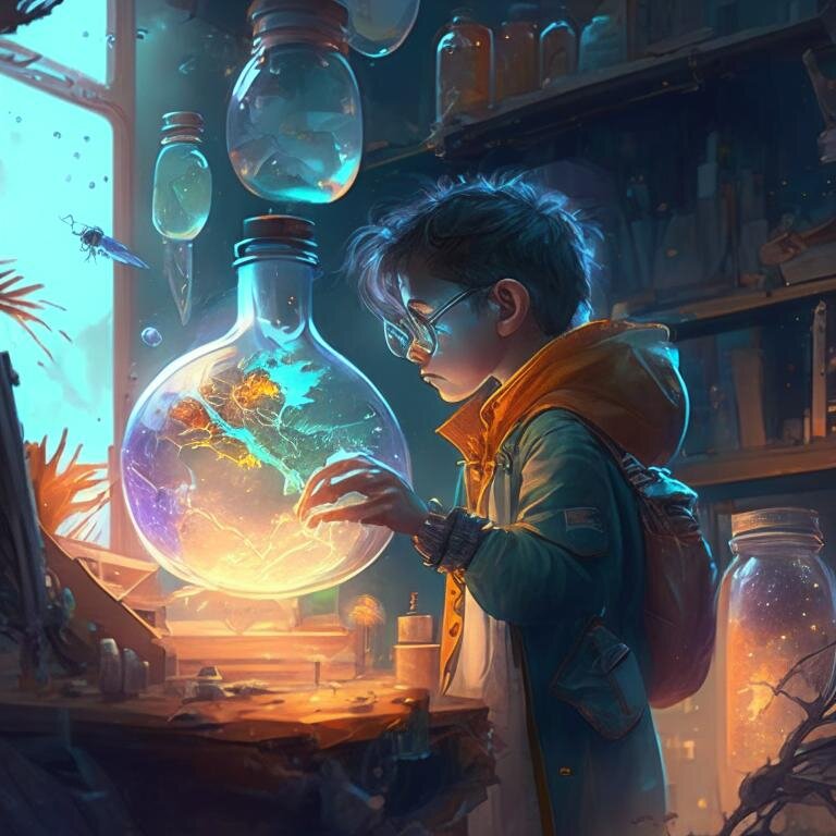     «Молодой ученый открывает новый мир», стиль: artstation