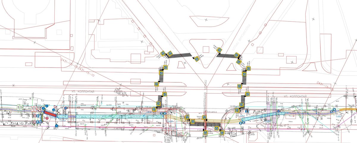 Пример прохождения велодорожки у ст. м. "Проспект Большевиков". С развёрнутой версией проекта можно ознакомиться здесь.
