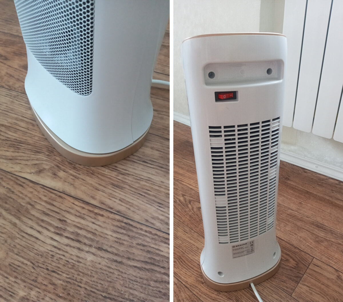 Слева видно, что тепловентилятор может покачиваться. Справа: на задней панели красный переключатель на рабочий режим. Фото автора 