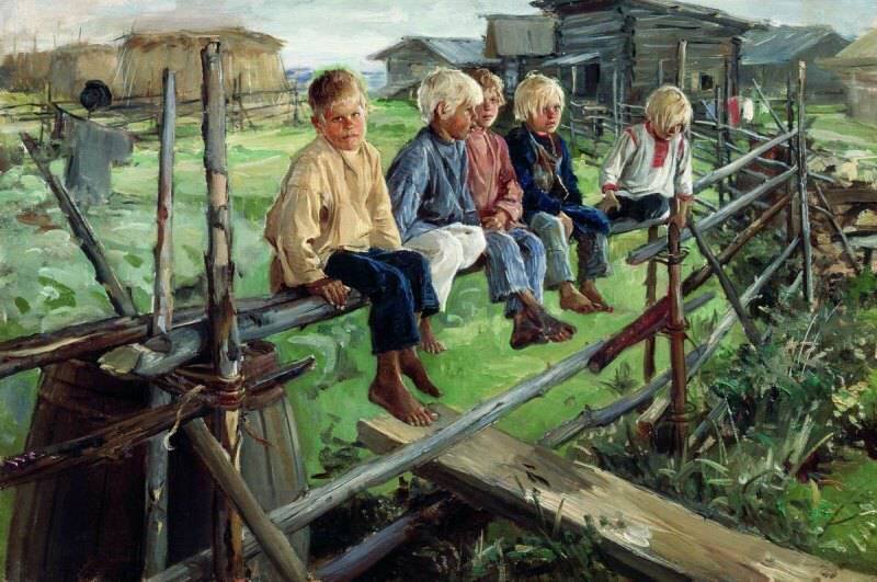 И. М. Прянишников, "Воробьи. Ребята на изгороди". У Ивана Есаулкова есть стихи: 
"Уселись ребятишки на старенький забор
И, словно воробьишки, ведут свой разговор..."