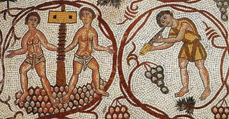 Процесс производства вина на мозаике базилики св. Прокопия в Иордании, VI в. н.э.