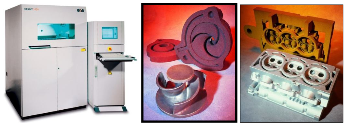 Принтер EOS для печати литейных форм лазерным спеканием плакированного песка, пример форм, напечатанных на нём, и пример отливок, полученных по этим формам. Рекламные материалы фирмы EOS.