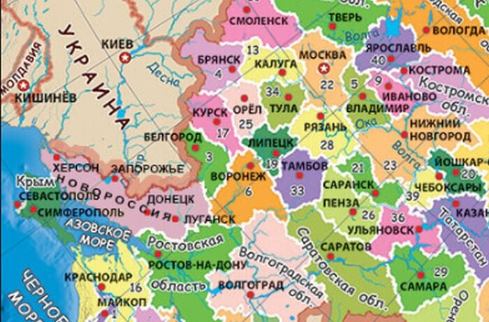 Вариант разрешённой карты России с объединением новейших регионов в макрорегион Новороссия
