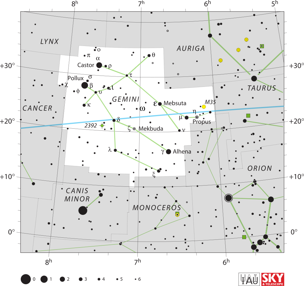 IAU Gemini chart Авторство: IAU and Sky &amp; Telescope magazine (Roger Sinnott &amp; Rick Fienberg). [1], CC BY 3.0