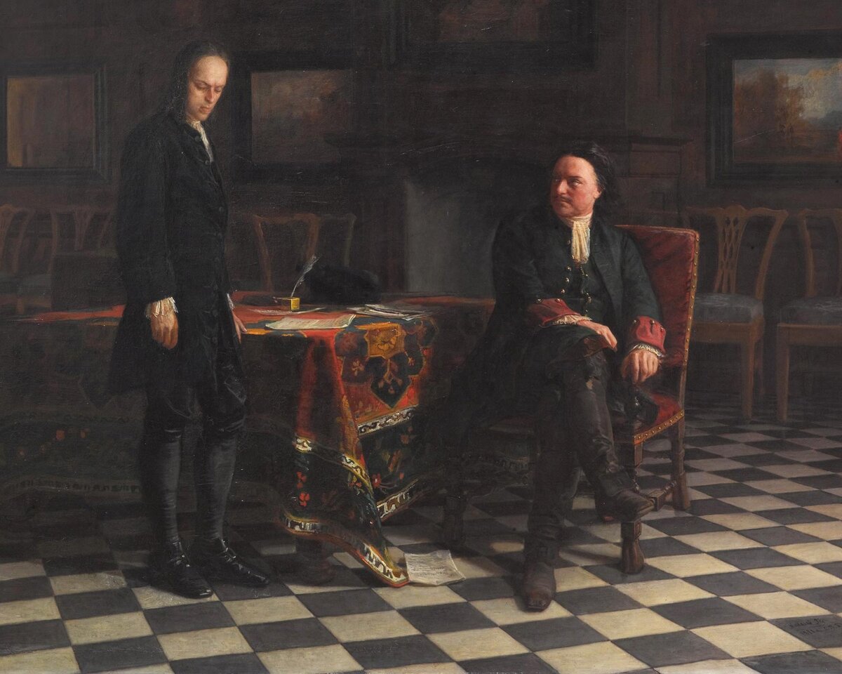 «Пётр I допрашивает царевича Алексея в Петергофе», 1871 г. Н. Н. Ге Источник: Государственная Третьяковская галерея