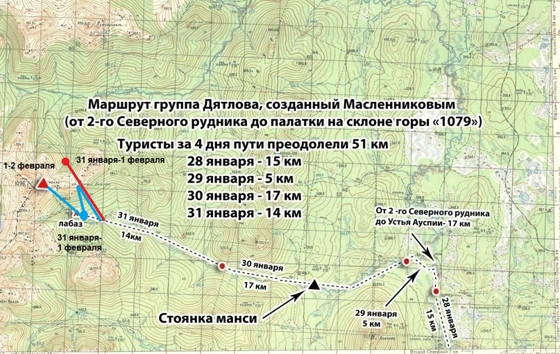 Фото 1. Маршрут группы Дятлова - по официальной версии (по версии Масленникова, он обозначен синими линиями) и по моей версии (он обозначен красными линиями).