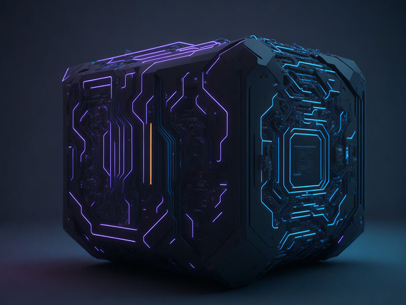 Иллюстрация на тему Каббалы, как работы современного компьютера в форме куба. Изображение создано нейросетью.