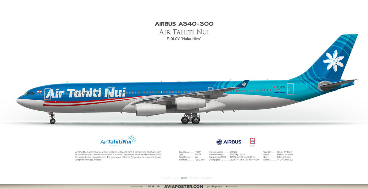 Airbus A340-300 Air Tahiti Nui F-OLOV в старой ливрее авиакомпании. Иллюстрация aviaposter.com