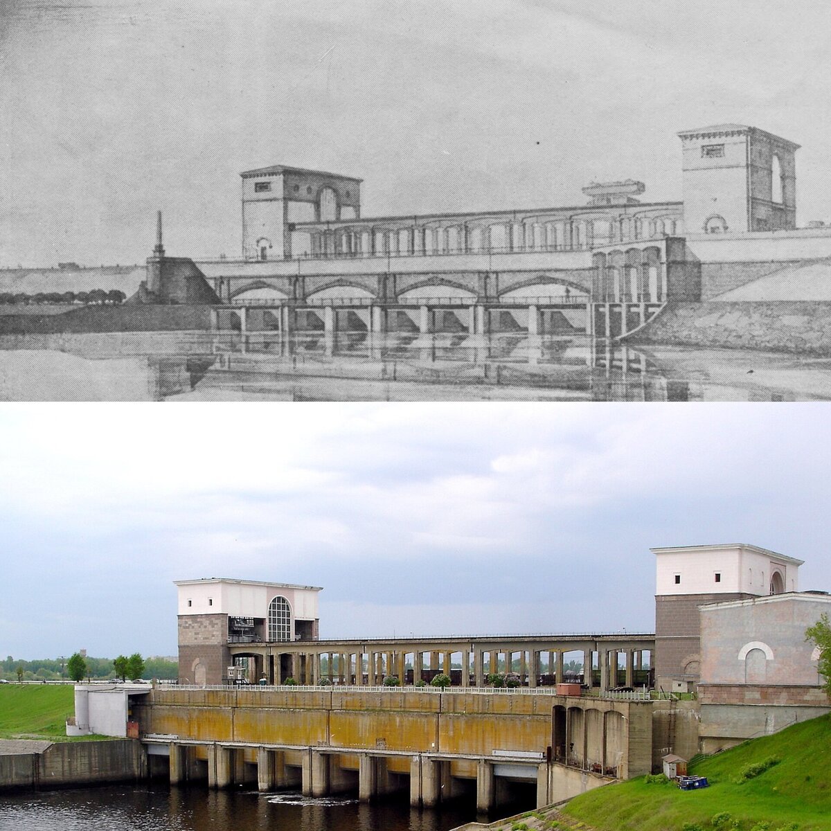 Водосливная плотина Рыбинской ГЭС на реке Волге. Сверху - проект, снизу - фото, того, что получилось в реальности