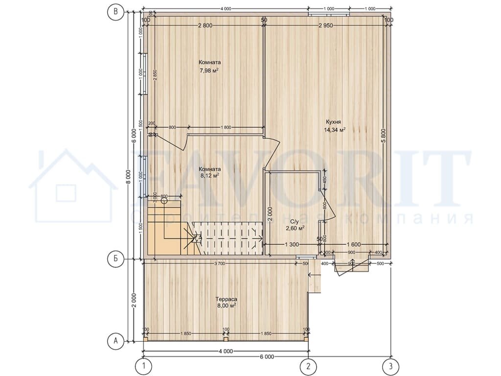 Планировка первого этажа. Две комнаты, кухня и санузел.