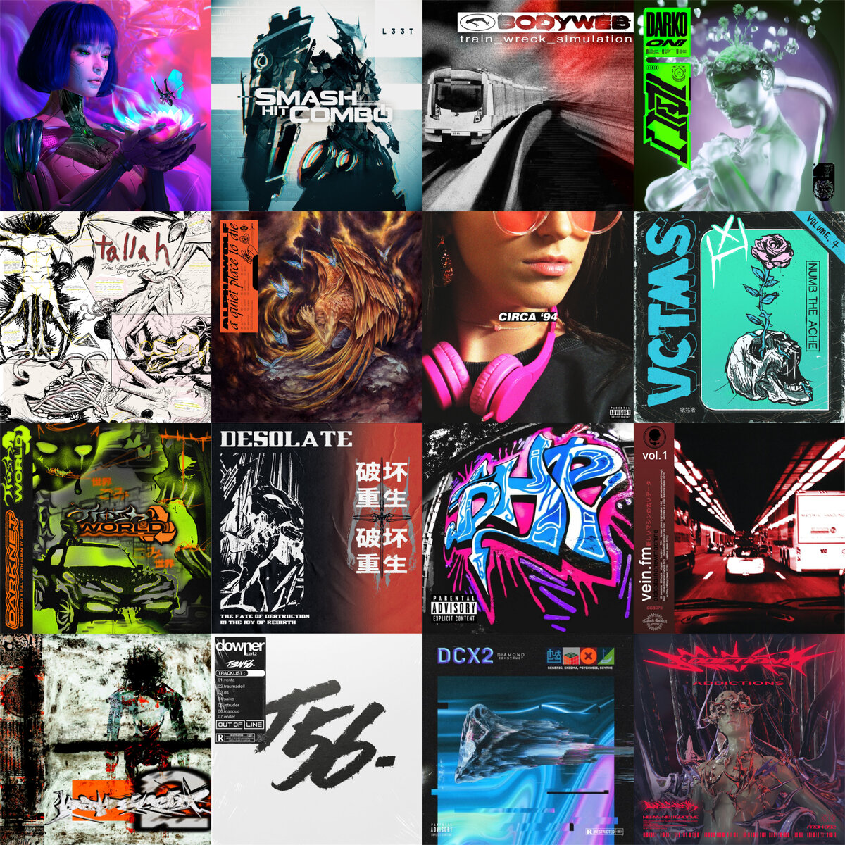 Слева направо.
Первый ряд: Within Destruction – Lotus (2022), Smash Hit Combo – L33t (2017), Bodyweb – train_wreck_simulation (2023), Darko US – Oni (2022). 
Второй ряд: Tallah – The Generation of Danger (2022), Alpha Wolf – A Quiet Place to Die (2020), 生 Conform 死 – Circa '94 (2018), VCTMS – Vol. IV Numb the Ache (2021).
Третий ряд: Darknet – Trashworld (2023), Desolate – The Fate of Destruction Is the Joy of Rebirth (2021), .bHP – .bHP (2022), Vein.fm – Old Data in a New Machine, Vol. 1 (2020).
Четвёртый ряд: papercut – papercut 2 (2023), ten56. – Downer Part. 2 (2023), Diamond Construct – DCX2 (2020), Evilgloom – Addictions (2023)