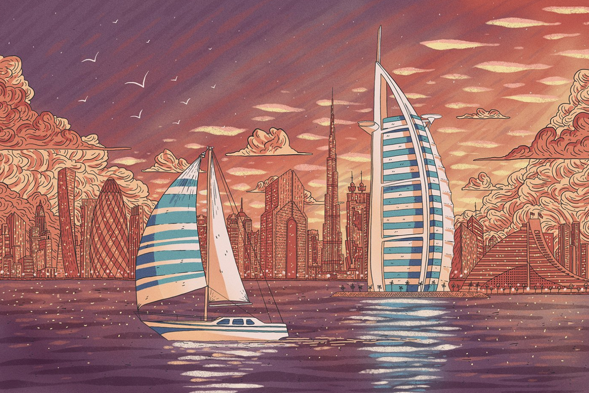 городской пейзаж дубай живопись. дубай картина красками. вид на город.