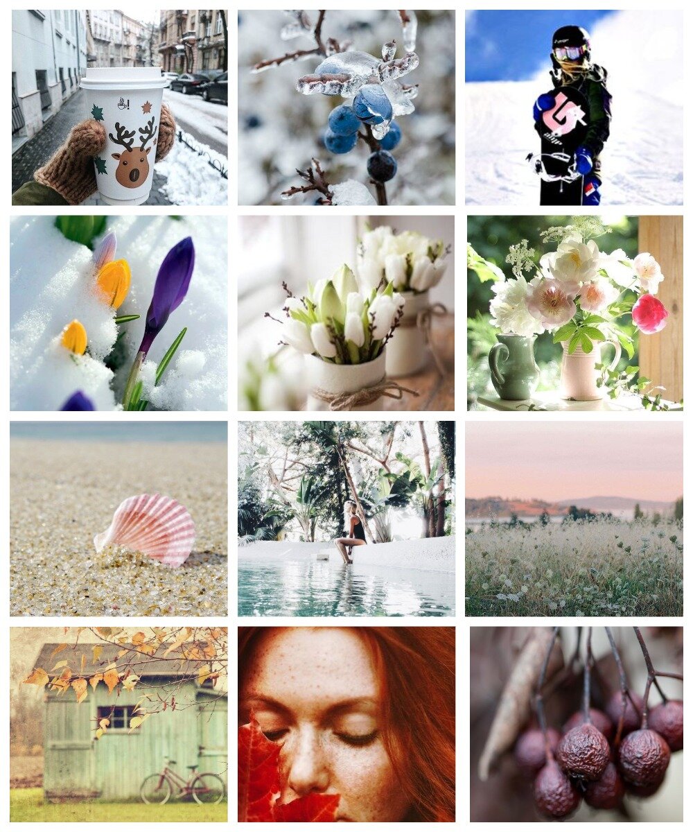 12 цветотипов - с декабря по ноябрь. Иллюстрации взяты в открытых источниках в сети. Коллажи авторские.