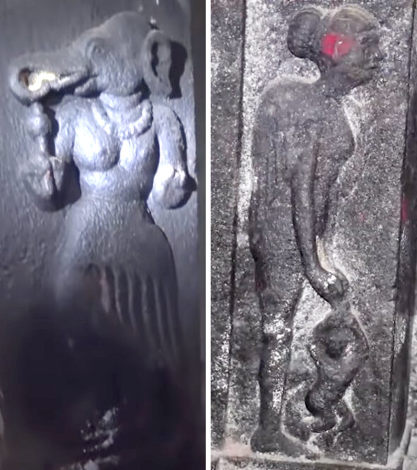 Барельефы странных существ в храме Панчаварнасвами