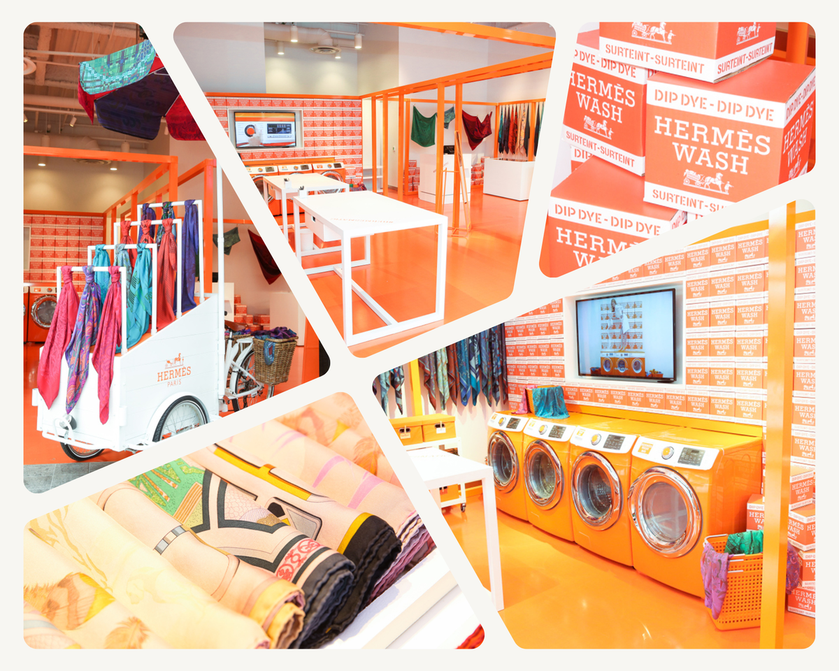 Французский модный дом Hermes открыл всплывающий магазин Hermèsmatic в стиле прачечной самообслуживания. В магазине можно было бесплатно окрасить свои старые шелковые шарфы. 
Фото: MARC PATRICK/BFA.COM