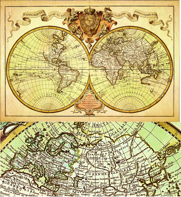 Вверху -  карта мира 1720-го года Гийома Делиля. Обращает на себя внимание отсутствие очертаний северо-запада Америки из-за нависавших там массивов верхней Земли. Ниже - явное разделение России по этой же карте на Московию и Московскую Тартарию. На карте ещё нет очертаний Камчатки также из-за массивов верхней Земли, которые и образовали затем полуостров вместе с Сахалином.