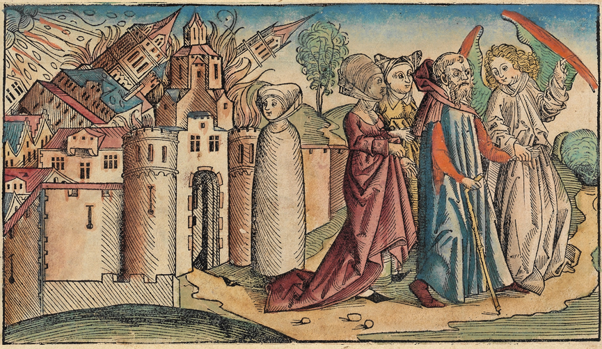 Жена Лотова в центре иллюстрации из «Нюрнбергской хроники» (1493). Источник: https://upload.wikimedia.org/